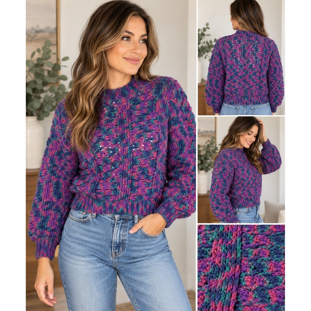 Vintage Handmade Crochet Chunky Knit Sweater Purple Pink Teal Mock Neck S/M